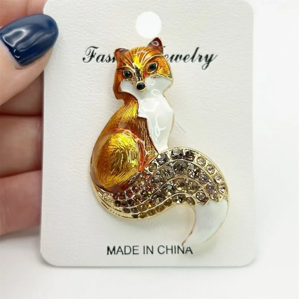 Vibrant Orange Small Enamel Fox Brooch with Rhinestone Accents Sparkle New